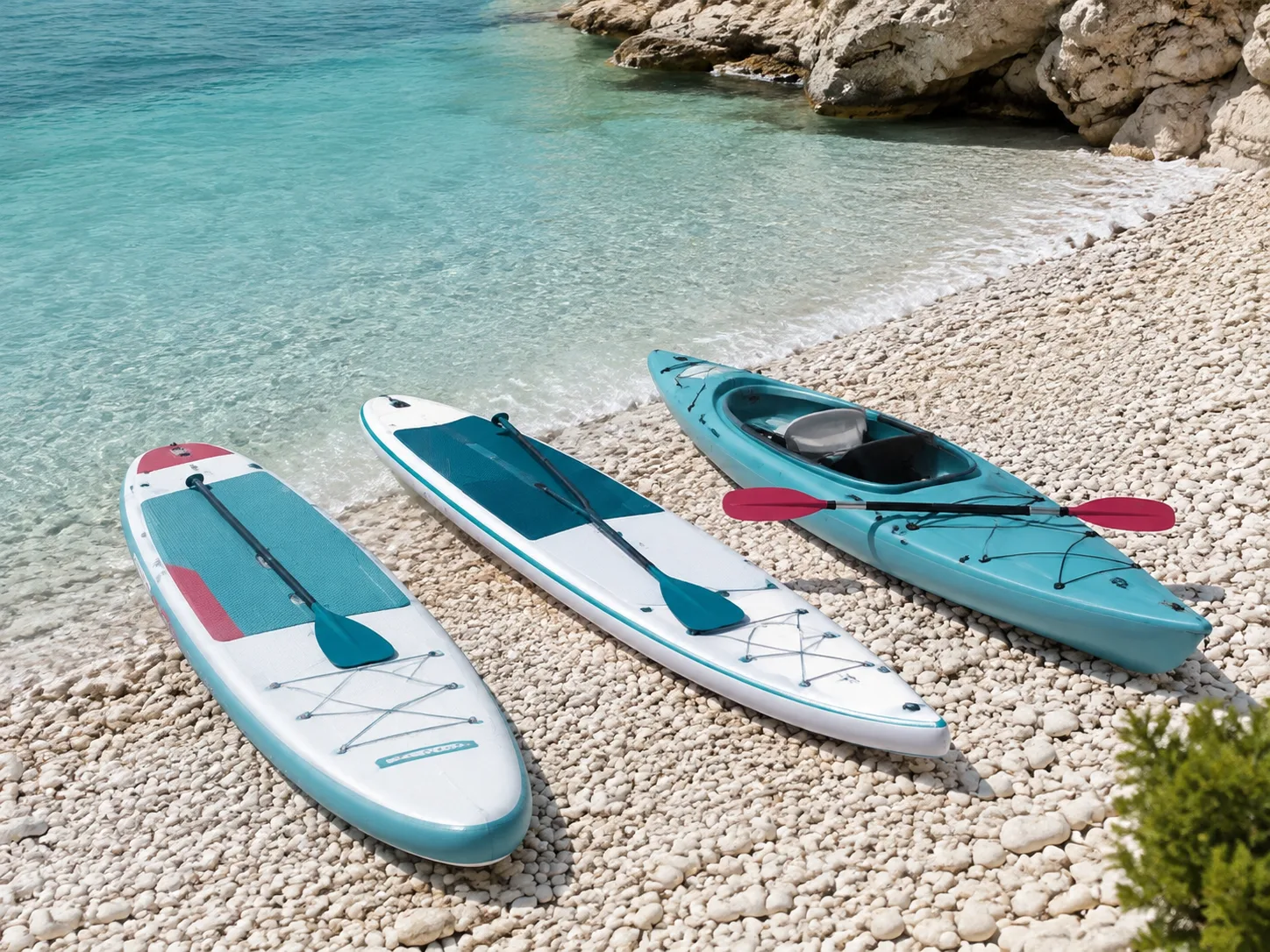 Paddle boards and a kayak arranged at a bright coastal launch